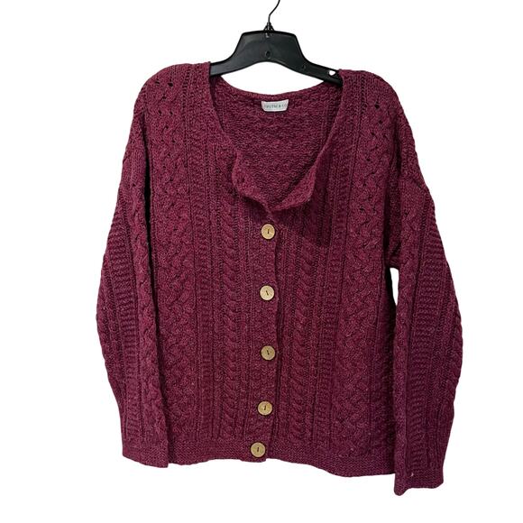 Celtic & Co 100% Pure New Wool Cable Knit Cardigan Sweater Size L Raspberry Red - Picture 1 of 7